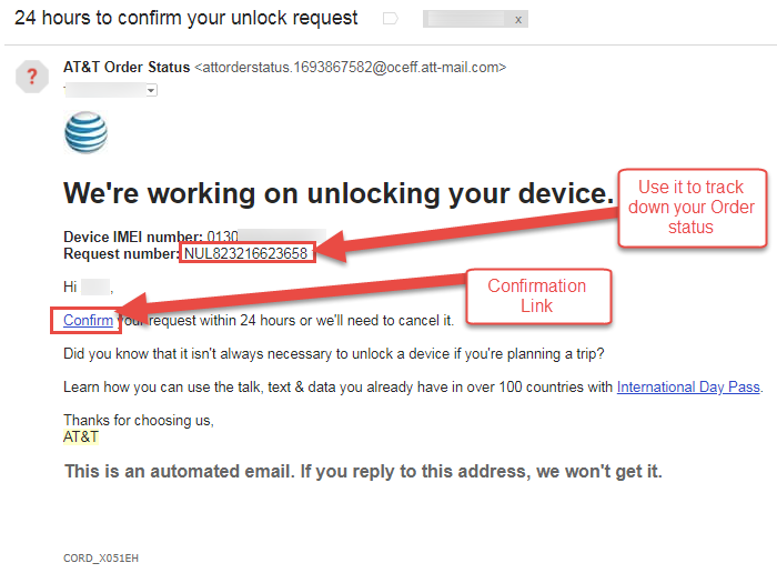 AT&T Unlock Device unlock portal confirmation link