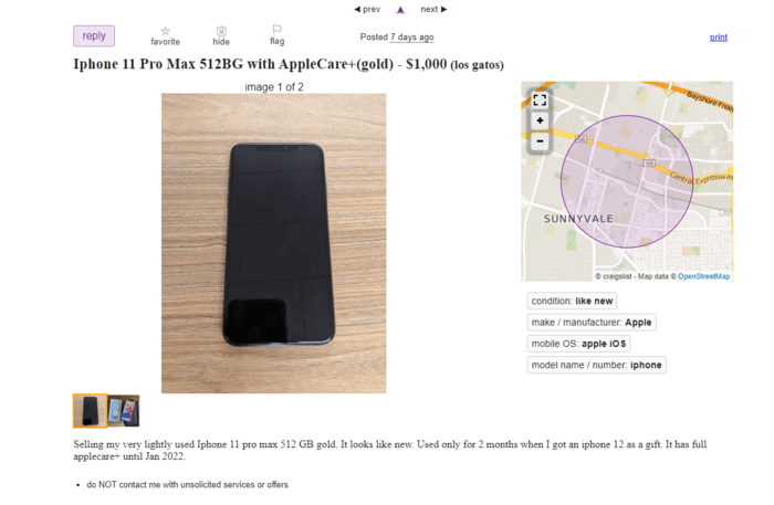 Cost for buying an iPhone 12 Pro Max 512GB through Craigslist