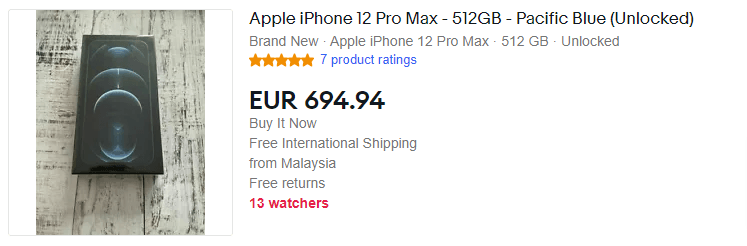 Cost for buying an iPhone 12 Pro Max 512GB through eBay