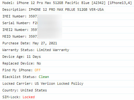 IMEI Report of a Verizon locked iPhone